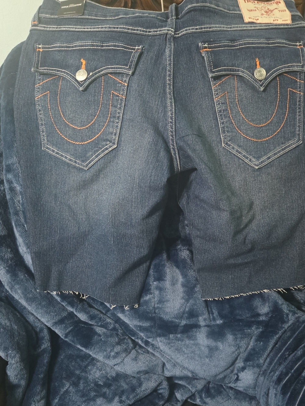True Religion Dark Blue Denim Ankle Jeans with Contrasting Orange Stitch
